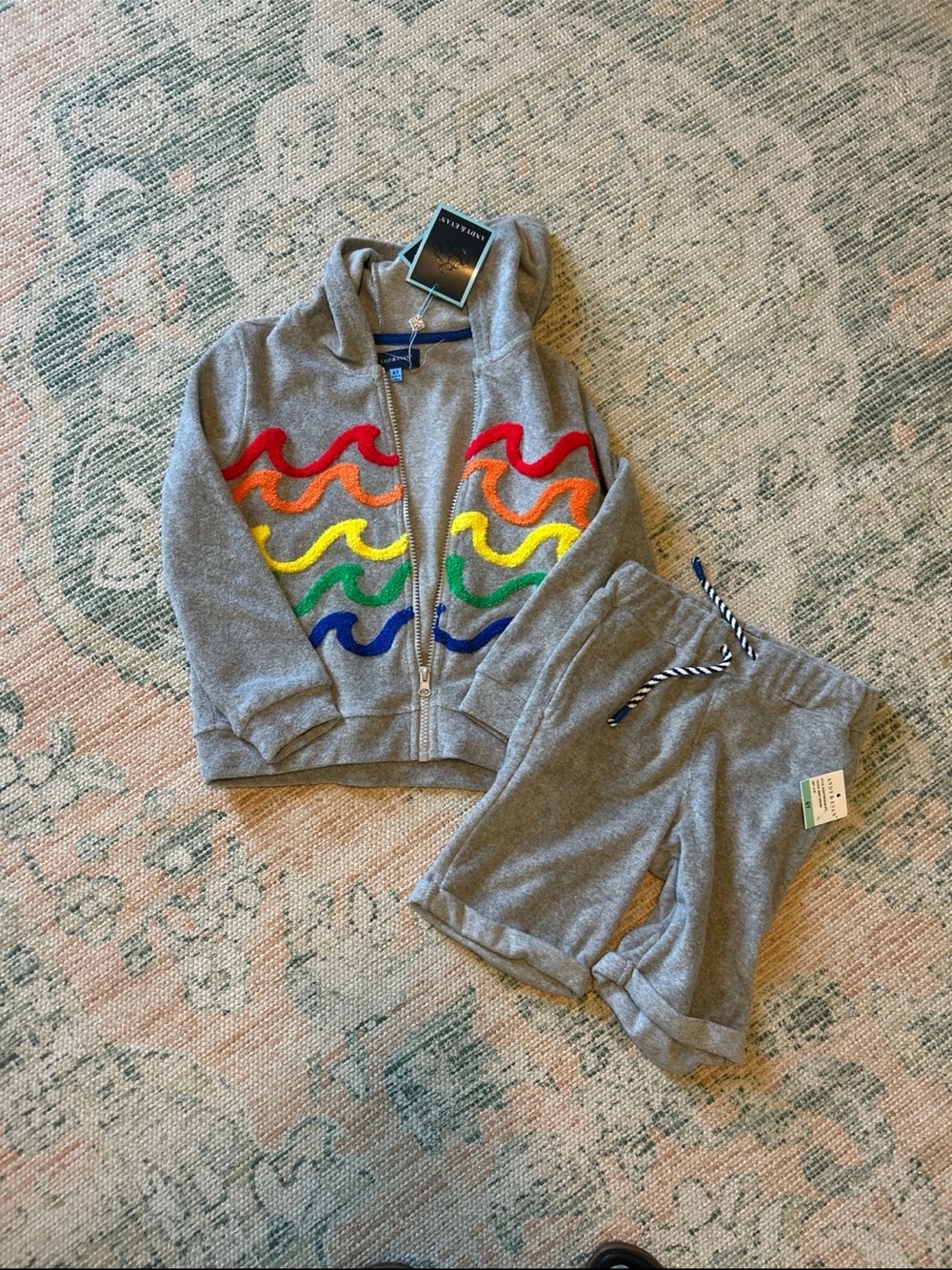 Andy & Evan Gray Hoodie and Shorts Set with Rainbow Wave Embroidery Unisex